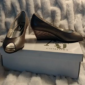 AJ Valenci Leather Gunmetal Peep-toe Wedges